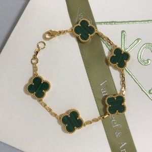 18k Yellow Gold 5 Malachite Motifs Vintage Alhambra New Bracelet
